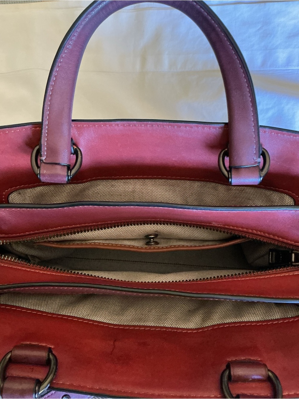 Coach Tate Carryall Two-Tone Brown and Burgundy Leather Crossbody - Picture 10 of 15